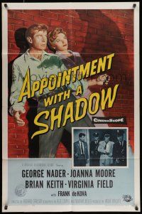 9f049 APPOINTMENT WITH A SHADOW 1sh '58 cool noir artwork of silhouette pointing gun at stars!