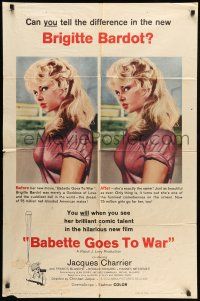 9f058 BABETTE GOES TO WAR 1sh '60 sexy art of soldier Brigitte Bardot, can you tell the difference