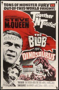 9f103 BLOB/DINOSAURUS 1sh '64 great close up of Steve McQueen, plus art of T-Rex w/girl!