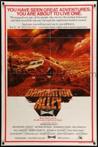 9f176 DAMNATION ALLEY 1sh '77 Jan-Michael Vincent, artwork of cool vehicle by Paul Lehr!