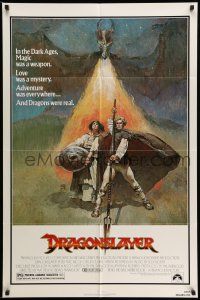 9f214 DRAGONSLAYER 1sh '81 cool Jeff Jones fantasy artwork of Peter MacNicol w/spear, dragon!