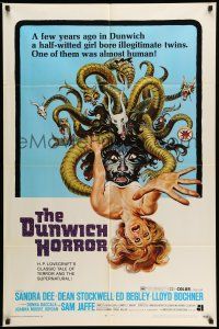 9f222 DUNWICH HORROR 1sh '70 AIP, art of multi-headed monster attacking woman by Reynold Brown!