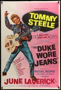 9f219 DUKE WORE JEANS English 1sh '58 great full-length art of Tommy Steel playing guitar!