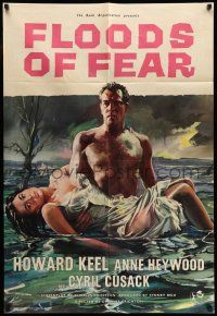9f283 FLOODS OF FEAR English 1sh '59 art of barechested Howard Keel holding sexy Anne Heywood!