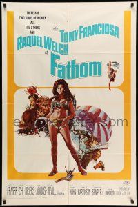 9f258 FATHOM 1sh '67 art of sexy nearly-naked Raquel Welch in parachute harness & action scenes!