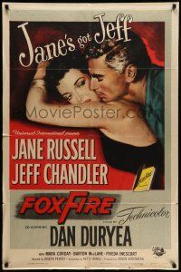 9f294 FOXFIRE 1sh '55 romantic close up artwork of sexy Jane Russell & Jeff Chandler!