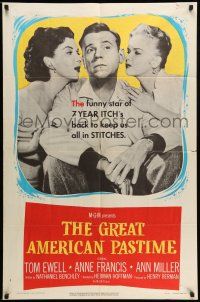 9f328 GREAT AMERICAN PASTIME 1sh '56 baseball, Tom Ewell between Anne Francis & sexy Ann Miller!
