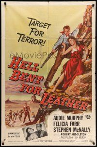 9f370 HELL BENT FOR LEATHER 1sh '60 art of Audie Murphy with shotgun protecting Felicia Farr!