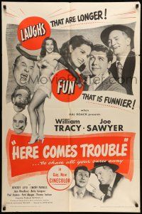 9f378 HERE COMES TROUBLE 1sh '48 sexy Beverly Loyd in gay, new Cinecolor!