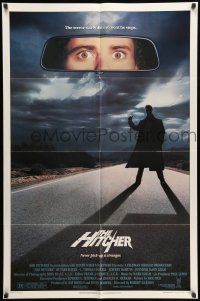 9f381 HITCHER 1sh '86 Rutger Hauer, C. Thomas Howell, terror starts the moment he stops!