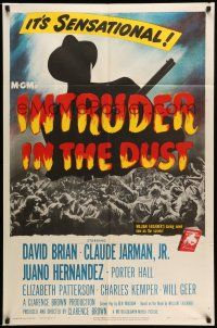 9f428 INTRUDER IN THE DUST 1sh '49 William Faulkner, silhouette of man with rifle over huge crowd!