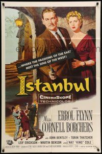 9f434 ISTANBUL 1sh '57 Errol Flynn & Cornell Borchers in Turkey's city of a thousand secrets!