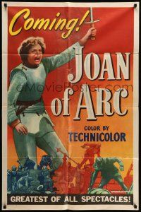9f448 JOAN OF ARC style A teaser 1sh '48 art of Ingrid Bergman with sword and armor!