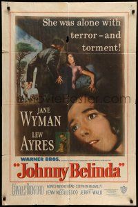 9f449 JOHNNY BELINDA 1sh '48 Jane Wyman was alone with terror and torment, Lew Ayres