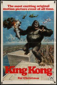 9f476 KING KONG teaser 1sh '76 John Berkey art of BIG Ape on the Twin Towers!