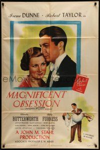 9f545 MAGNIFICENT OBSESSION 1sh R47 great romantic art image of Irene Dunne & Robert Taylor!