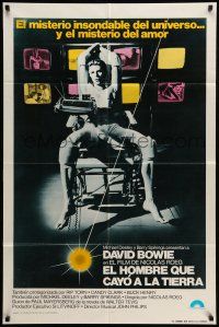 9f559 MAN WHO FELL TO EARTH Spanish/U.S. export 1sh '76 alien David Bowie in cool chair, Nicolas Roeg!
