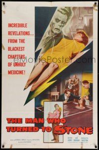 9f560 MAN WHO TURNED TO STONE 1sh '57 Victor Jory practices unholy medicine, cool sexy horror art!