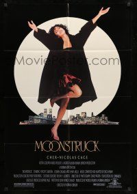 9f608 MOONSTRUCK 1sh '87 Nicholas Cage, Olympia Dukakis, Cher in front of NYC skyline!