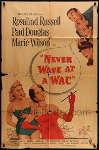 9f631 NEVER WAVE AT A WAC style A 1sh '53 art of guys whistling at Rosalind Russell & Marie Wilson!