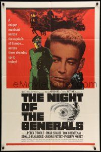9f638 NIGHT OF THE GENERALS style A 1sh '67 WWII officer Peter O'Toole in a manhunt across Europe!