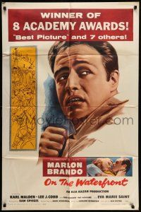 9f668 ON THE WATERFRONT 1sh R59 directed by Elia Kazan, classic image of Marlon Brando!
