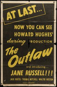 9f680 OUTLAW teaser 1sh '46 at last, now you can see Howard Hughes' daring production!