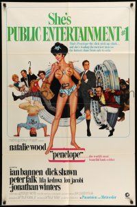 9f699 PENELOPE 1sh '66 Maurice Thomas art of sexiest Natalie Wood with big money bags and gun!