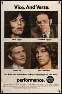 9f703 PERFORMANCE 1sh '70 directed by Nicolas Roeg, Mick Jagger & James Fox trading roles!