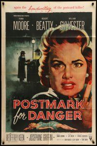 9f722 POSTMARK FOR DANGER 1sh '56 Terry Moore is hunted by the postcard killer!
