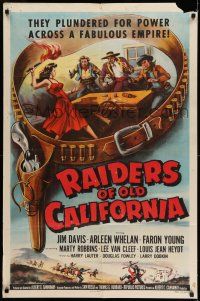 9f738 RAIDERS OF OLD CALIFORNIA 1sh '57 images of cowboy brawls & cattle stampede!