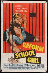 9f744 REFORM SCHOOL GIRL 1sh '57 classic AIP bad girl catfight behind bars artwork!