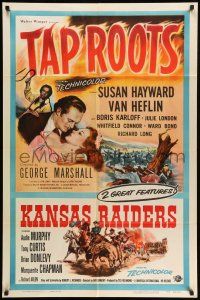 9f858 TAP ROOTS/KANSAS RAIDERS 1sh '56 cool double-bill, Susan Hayward, Van Heflin, Audie Murphy!
