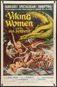 9f930 VIKING WOMEN & THE SEA SERPENT 1sh '58 Brown art of sexy female warriors attacked on ship!