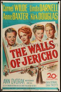 9f940 WALLS OF JERICHO 1sh '48 artwork of Cornel Wilde, Darnell, Ann Baxter & Kirk Douglas