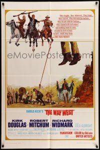9f951 WAY WEST style B 1sh '67 Kirk Douglas, Robert Mitchum, great art of frontier justice!