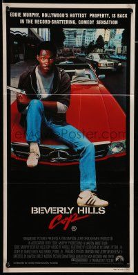 9g145 BEVERLY HILLS COP Aust daybill '85 great image of cop Eddie Murphy sitting on Mercedes!