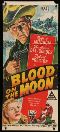 9g156 BLOOD ON THE MOON Aust daybill '49 cowboy Robert Mitchum pointing gun & Barbara Bel Geddes!