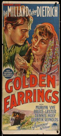 9g204 GOLDEN EARRINGS Aust daybill '47 artwork of sexy gypsy Marlene Dietrich & Ray Milland!