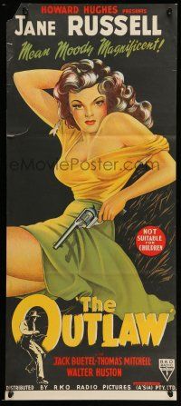9g259 OUTLAW Aust daybill R52 hand litho of sexy Jane Russell with gun, Howard Hughes!