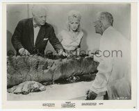 9h747 REPTILICUS 8x10 still '62 scientist shows a piece of the monster to sexy blonde & old man!