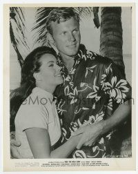 9h751 RIDE THE WILD SURF 8x10.25 still '64 c/u of Tab Hunter holding sexy Shelley Fabares!