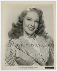 9h954 WALLS OF JERICHO 8x10.25 still '48 smiling portrait of Linda Darnell wearing quilted dress!