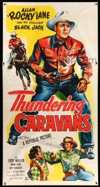 9j123 THUNDERING CARAVANS 3sh '52 great artwork of cowboy Rocky Lane w/smoking gun & Black Jack!