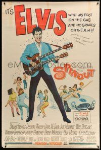 9j404 SPINOUT 40x60 '66 Elvis playing double-necked guitar, foot on the gas & no brakes on the fun