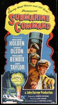 9j156 SUBMARINE COMMAND standee '51 William Holden, Olson, Bendix, cool art of sub explosion, WWII