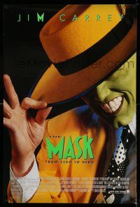 9k469 MASK style B DS 1sh '94 great super close up of wacky Jim Carrey in full make-up!