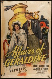 9p025 AFFAIRS OF GERALDINE 1sh '46 art of newly married Jane Withers & Jimmy Lydon & fire engine!