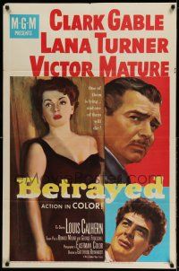 9p098 BETRAYED 1sh '54 art of Clark Gable, Victor Mature & sexy brunette Lana Turner!
