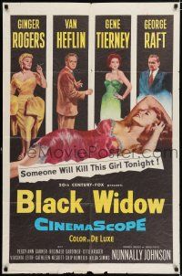 9p123 BLACK WIDOW 1sh '54 Ginger Rogers, Gene Tierney, Van Heflin, George Raft, sexy art!